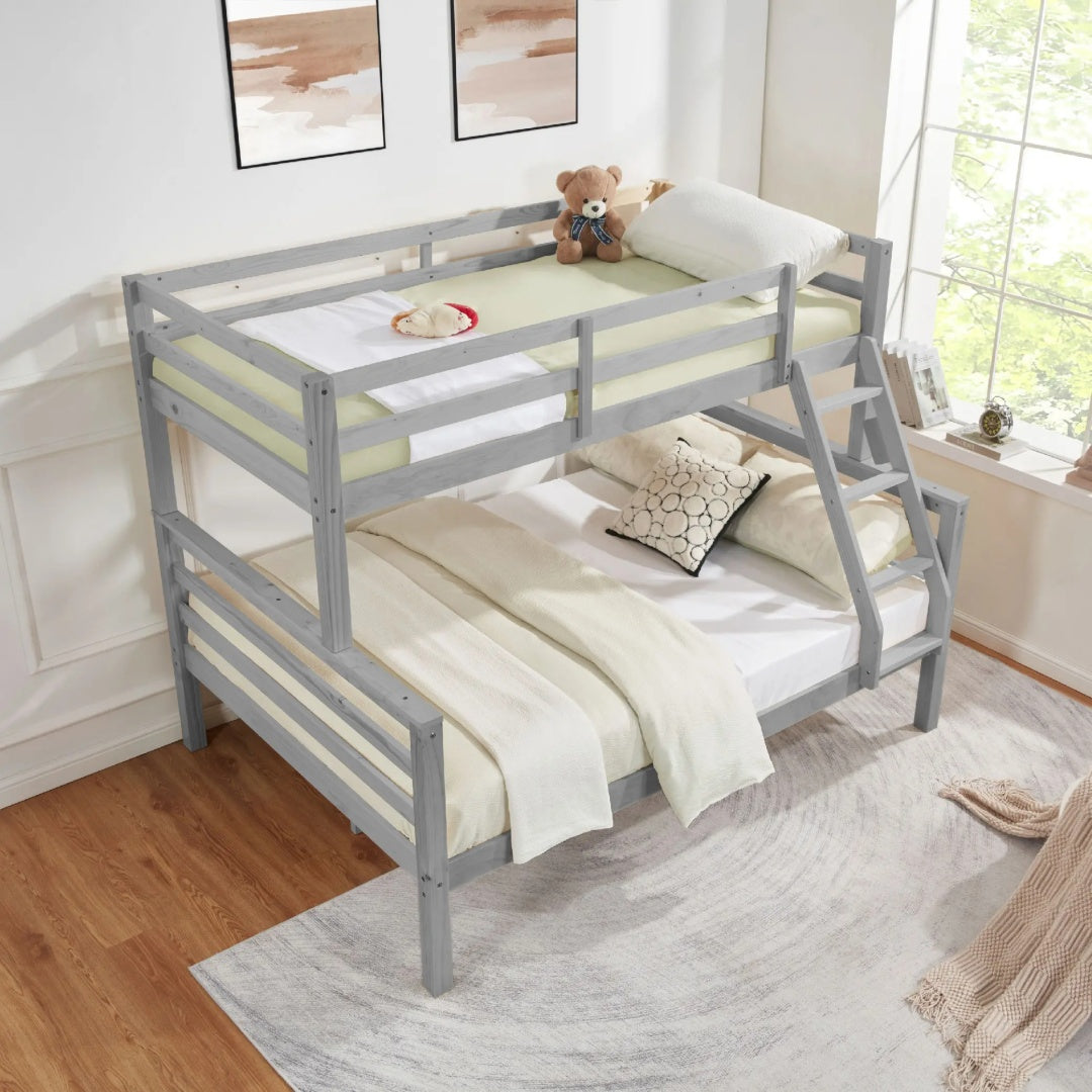 Twin Over Full Bunk Bed With Thick Posts,Wooden Bunk Bed With High Guardrail And Ladder For Kids, Teens, Dorm Rooms, And Guest Rooms,No Box Spring Needed,Grey