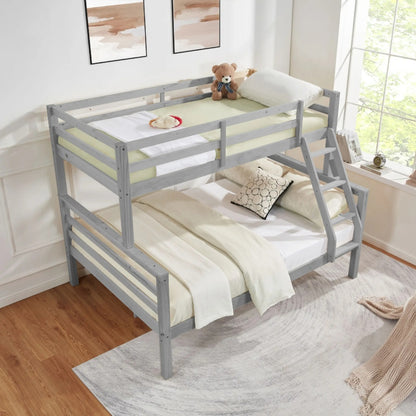 Twin Over Full Bunk Bed With Thick Posts,Wooden Bunk Bed With High Guardrail And Ladder For Kids, Teens, Dorm Rooms, And Guest Rooms,No Box Spring Needed,Grey