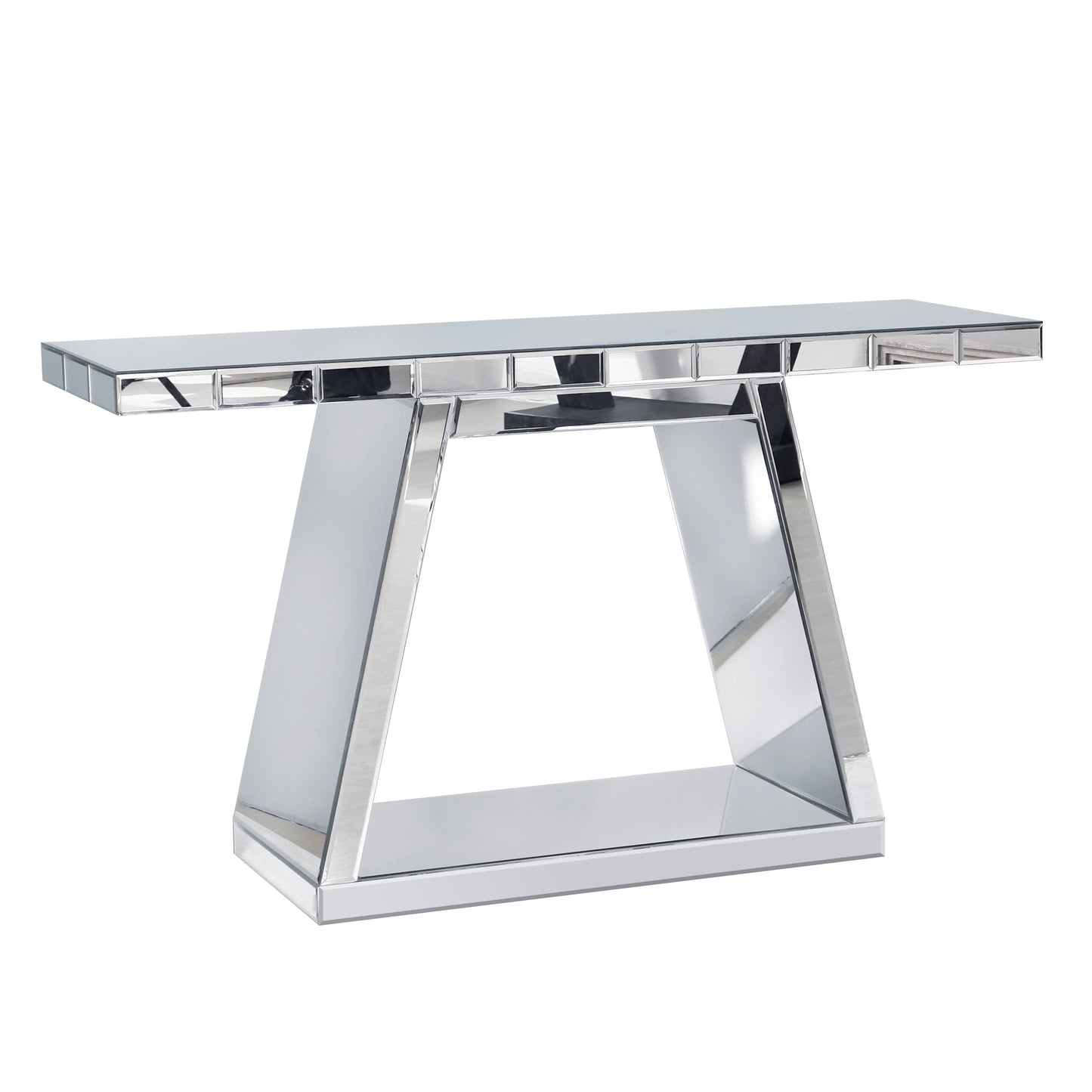 55.9 Modern Luxe Full-Body Mirror Entryway Table With Trapezoid Base -360 Reflective Console Table, Sturdy Wooden Frame, Scratch-Resistant Design & Open Storage For Hallway, Living Room, Staircase