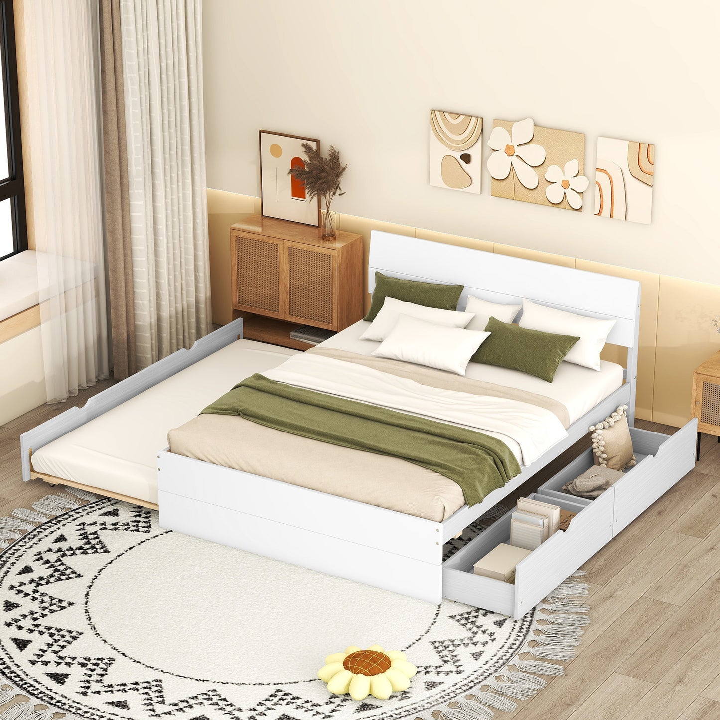 Modern Full Bed Frame With Twin Size Trundle And 2 Drawers For White High Gloss And Washed White Color
