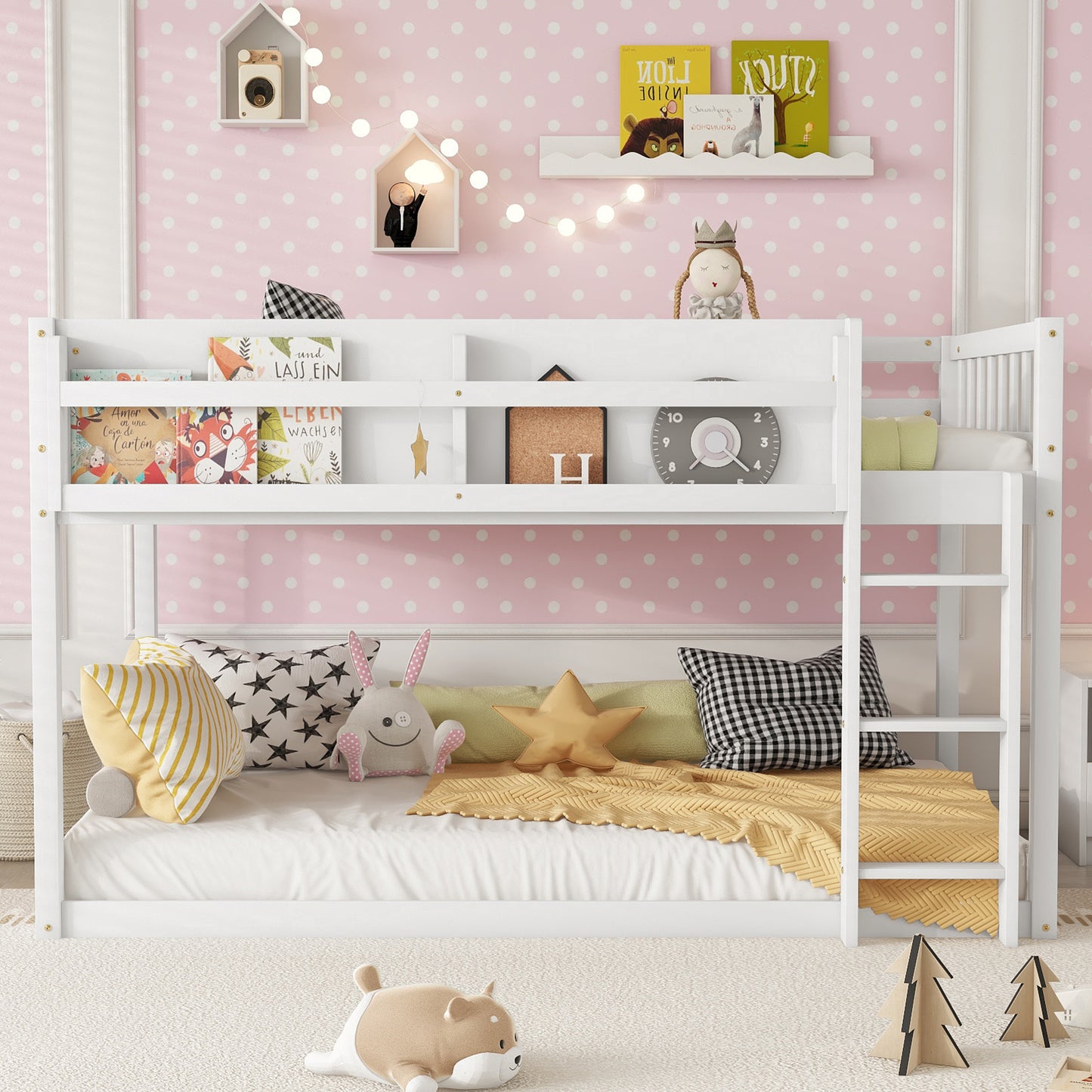 Low Twin Over Twin Bunk Bed, Floor Bunk Bed With Ladder, Solid Wood Twin Bunk Bed For Kids & Juniors, WhiteExpect Arrival Date 2025 11 25