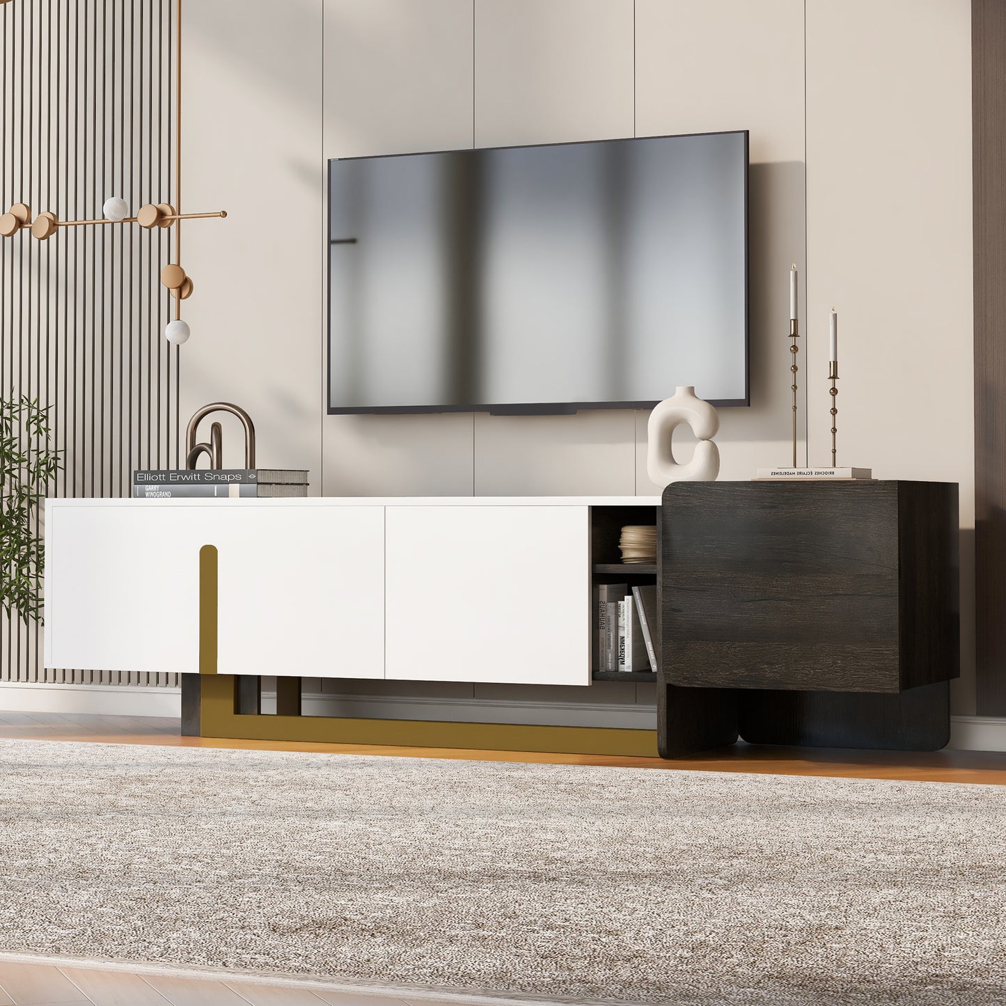 VIBE HAUS  66.7 Light Luxury TV Stand For TVs Up To 70 Inches, Modern TV Cabinet With Metal Legs, 1 Drawer, 2 Cabinets And Adjustable Shelves For Living Room