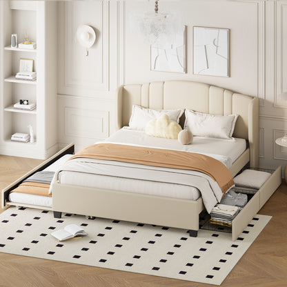 Upholstered Platform Bed With Wingback Headboard, One Twin Trundle And 2 Drawers, No Box Spring Needed, Linen Fabric, Queen Size, Beige