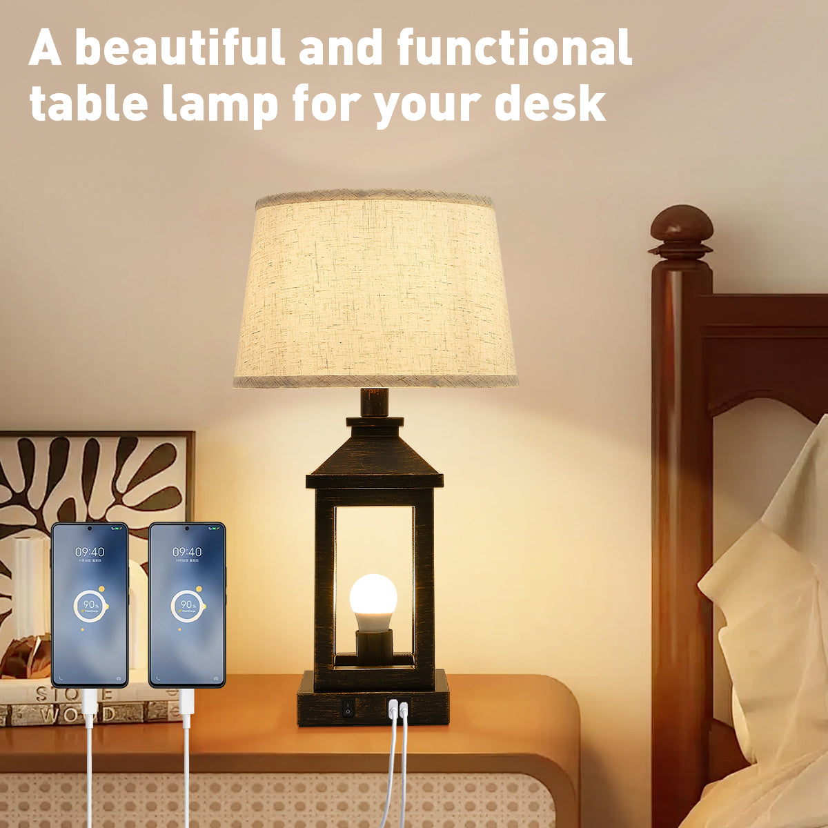 20.5in Black Gold Farmhouse Bedside Table Lamp, Suitable For Living Rooms, 3-Way Dimmable Touch Modern Bedside Table With 2 Lights For Bedrooms, Homes, Offices Including Light Bulbs