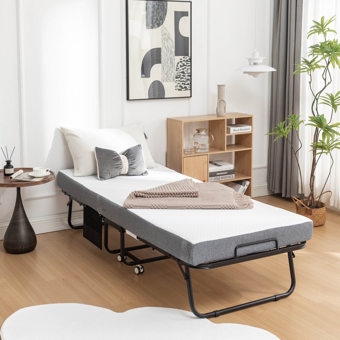 Folding Bed Cot With Mattress For Adults,  Foldable Metal Frame Bed For Guest With Memory Foam Mattress On Wheels, Saving Space Rollaway Bed