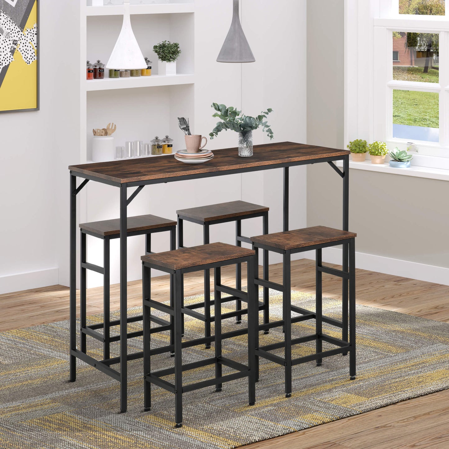 5-Piece Industrial Dining Table Set, Bar Table & 4 Stools Set, Space Saving for Pub & Kitchen, Rustic Brown/Black