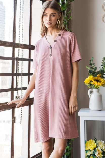 Heimish Full Size Solid Ribbed Mini Dress with Button Plus Size