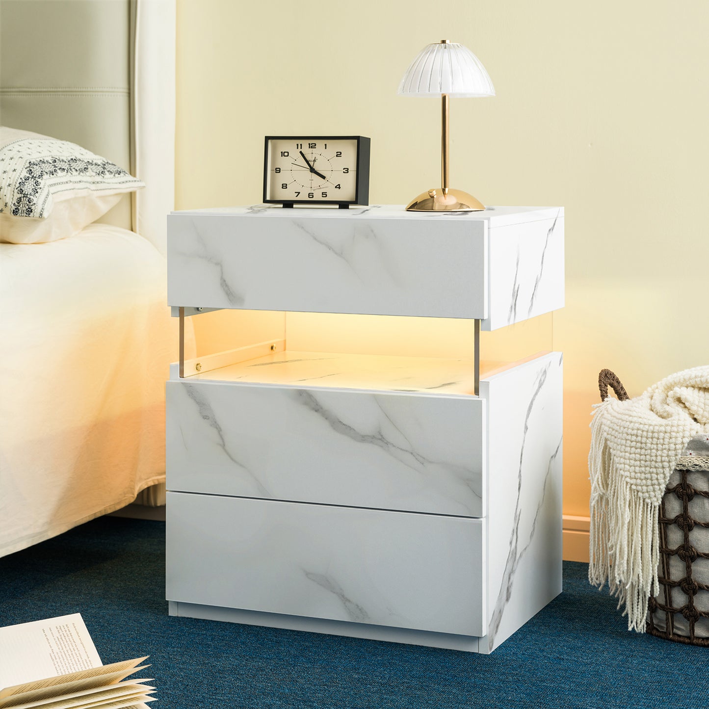 LED Nightstands 3 Drawer Dresser For Bedroom End Table With Acrylic Board LED Bedside Tables White Stone