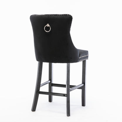 Contemporary Velvet Upholstered Barstools With Button Tufted Decoration And Wooden Legs, And Chrome Nailhead Trim, Leisure Style Bar Chairs,Bar Stools, Set Of 2 Black,SW2002BK