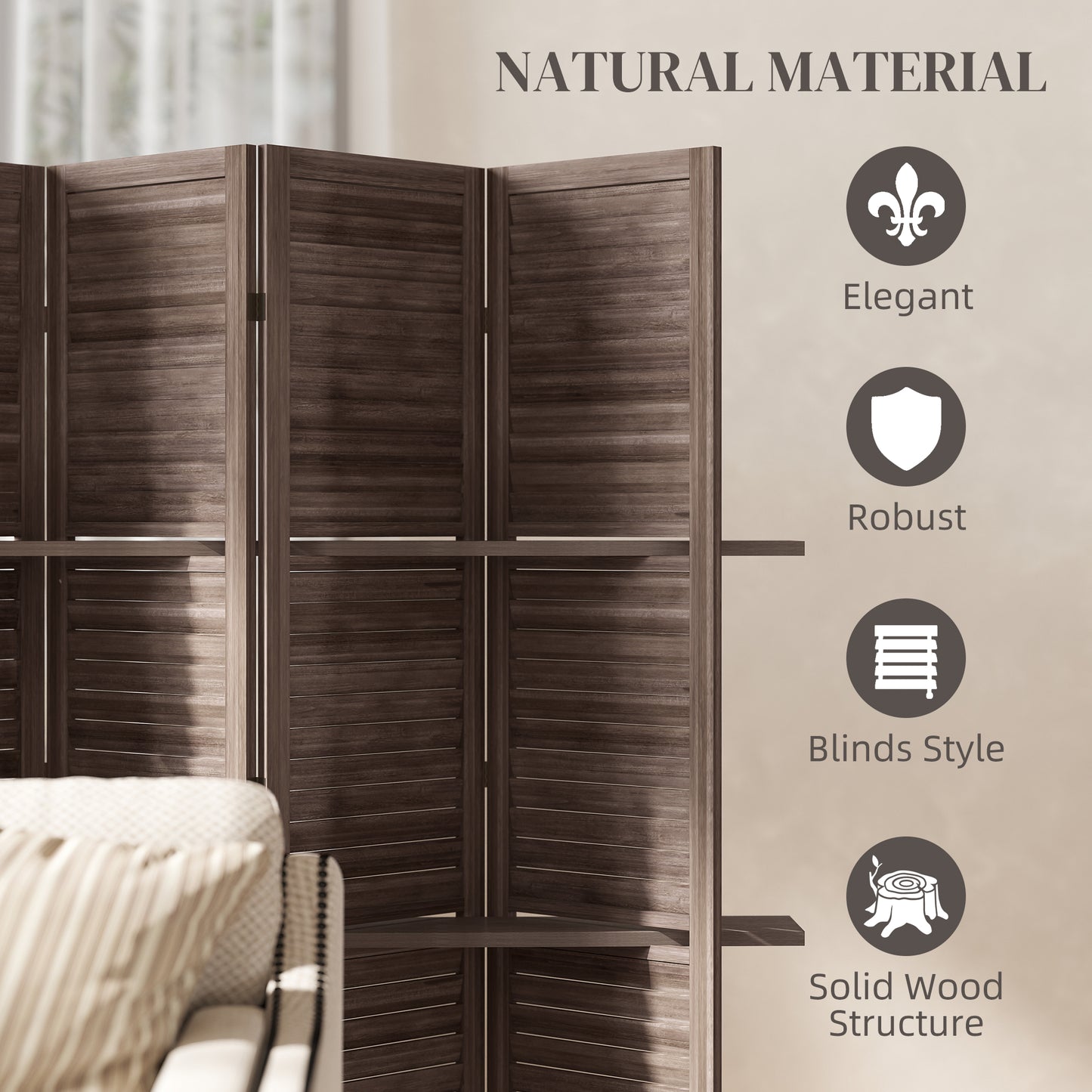 4 Panel 67" Tall Wood Privacy Screen Room Divider with 3 Shelves and Folding Storage for Bedroom, Walnut