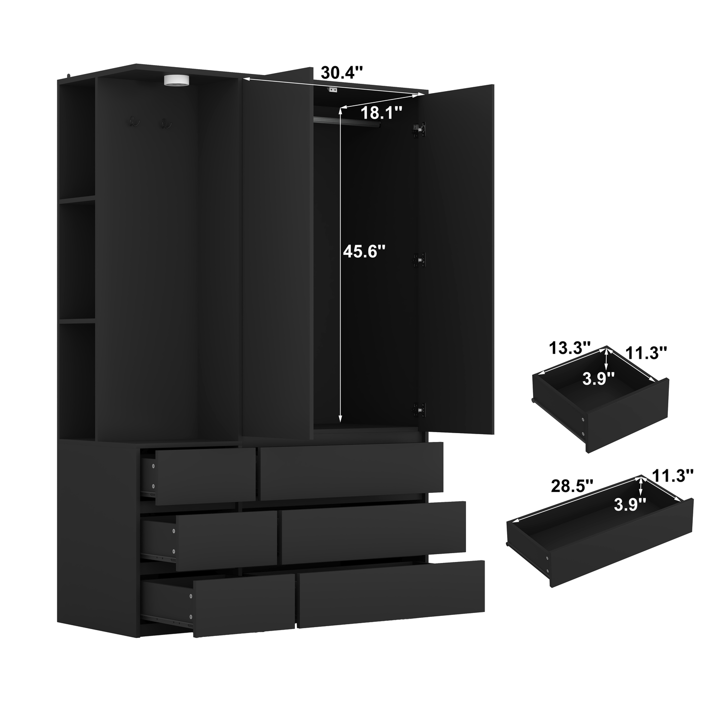 Wardrobe Closet 71.7 H, Bedroom Wooden Wardrobe With 2 Doors 6 Drawers, Modern Clothing Storage Cabinet Combination With Storage Shelves And Hanging Rail, Black