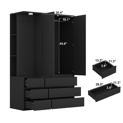 Wardrobe Closet 71.7 H, Bedroom Wooden Wardrobe With 2 Doors 6 Drawers, Modern Clothing Storage Cabinet Combination With Storage Shelves And Hanging Rail, Black