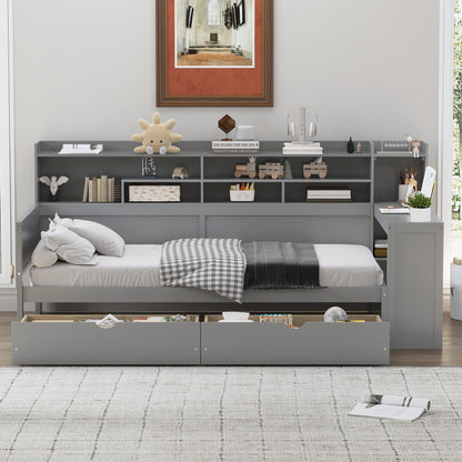 Wooden Twin Size Daybed With Storage Shelves, Multi-functional Bed With Two Storage Drawers And  Study Desk, Gray