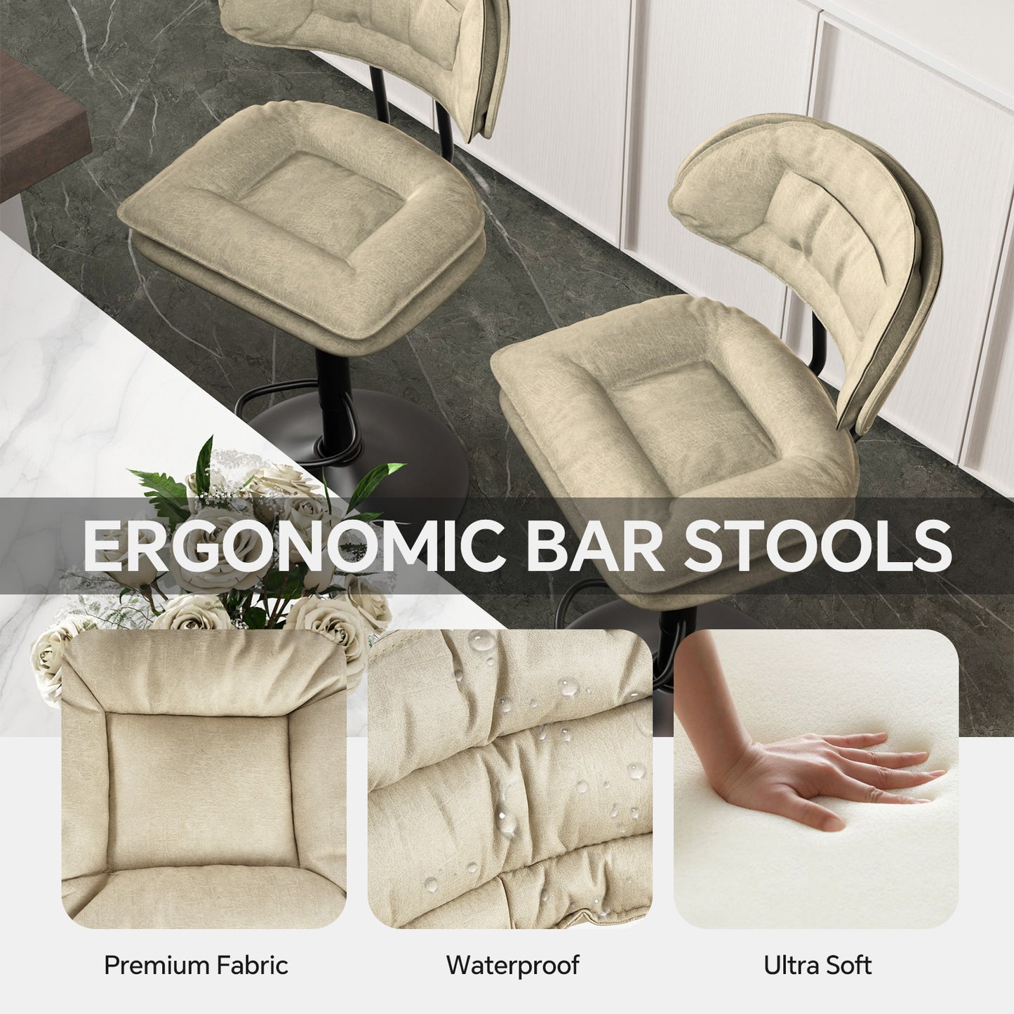 Modern Bar Stools Set Of 2, Double-Layer Adjustable Bar Stools With Back, Ergonomic Upholstered Fabric Swivel Barstools For Kitchen Island