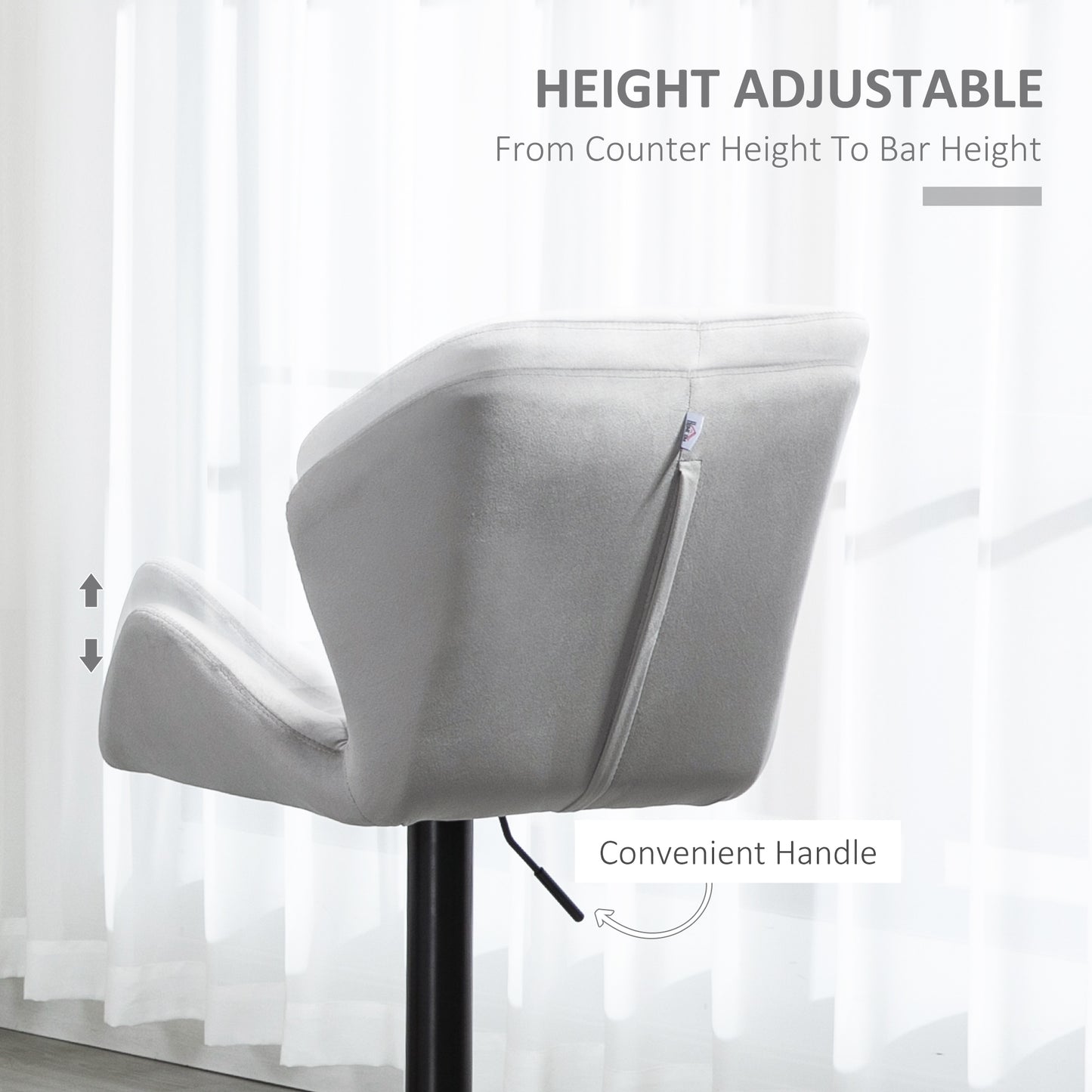 Bar Stools Set Of 2, Luxurious Velvet-Touch Barstools With Metal Frame Footrest Round Base Triangle Indenting Moulded Seat Adjustable Height Swivel Grey