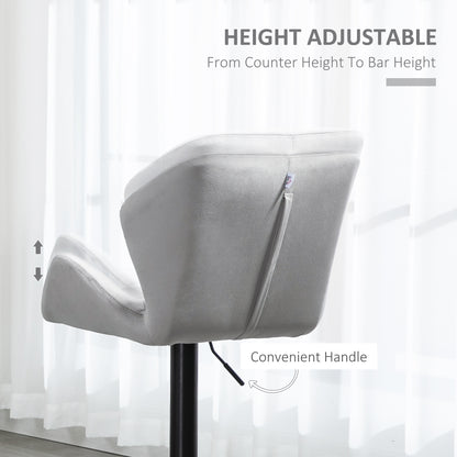 Bar Stools Set Of 2, Luxurious Velvet-Touch Barstools With Metal Frame Footrest Round Base Triangle Indenting Moulded Seat Adjustable Height Swivel Grey