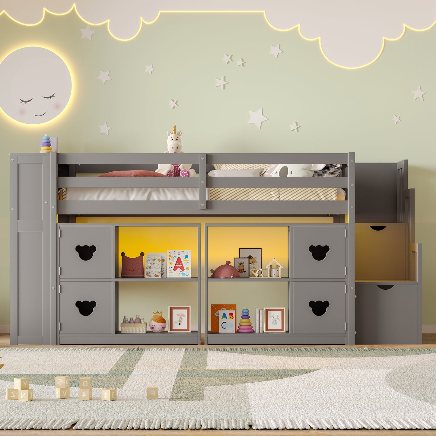 TWIN SIZE LOW LOFT BED WITH SHELVES, STORAGE HEADBOARD, AND STAIR OF GREY COLOR