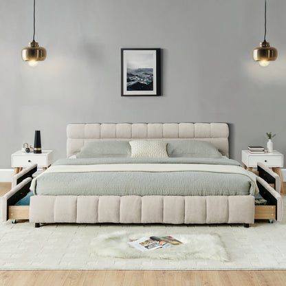 California King Size Upholstered Bed ,comfortable Upholstered Bed Frame, Chenille Fabric, With Headboard And Solid Bed Frame. With Drawer For Storage.-Beige 90.5x80.5x31