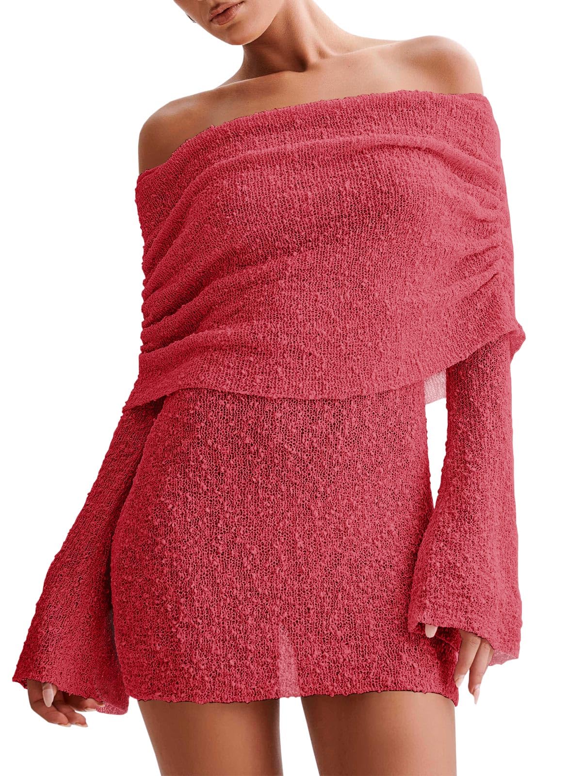 Women's Off Shoulder Beach Cover Up - Sheer Bell Sleeve Mini Dress for Swimwear