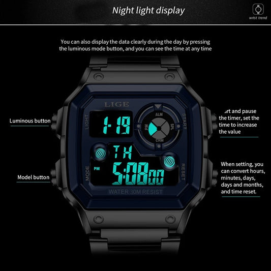 Lige Electronic Watch Unisex Watch Luminous Display Watch Multi-Function Chronograph Alarm Clock