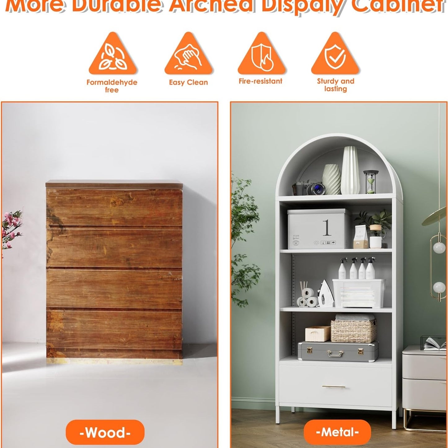 Metal Arched Household Storage Cabinet In Black And White Color