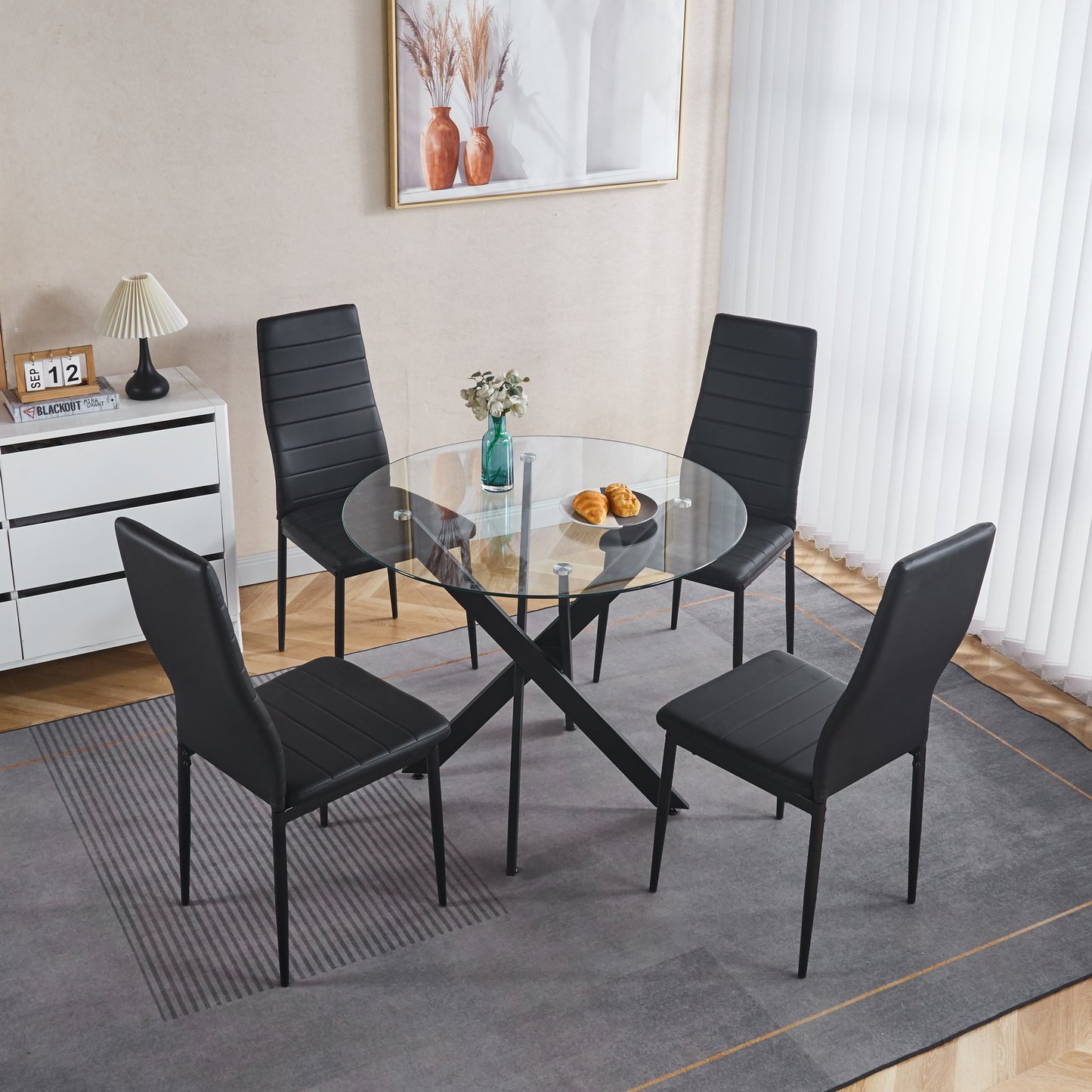 Black Dining Table With Cross Metal Leg And Tempered Glass,Modern Space Saving Kitchen Table For Living Room