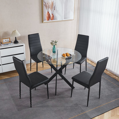 Black Dining Table With Cross Metal Leg And Tempered Glass,Modern Space Saving Kitchen Table For Living Room