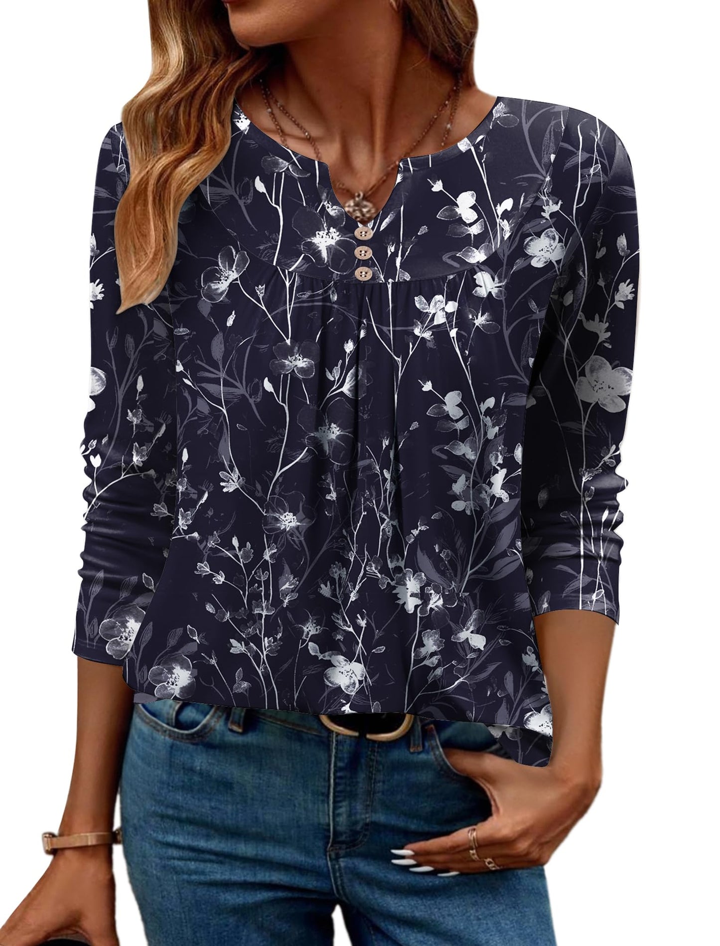 Women Long Sleeve V Neck Blouse - Casual Dressy Work Tunic Top with Pleated Detail 2025