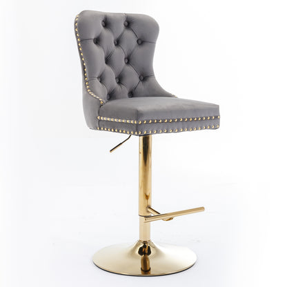 A&A Furniture,Thick Golden Swivel Velvet Barstools Adjusatble Seat Height From 25-33 Inch, Modern Upholstered Bar Stools With Backs Comfortable Tufted For Home Pub And Kitchen Island Gray,Set Of 2