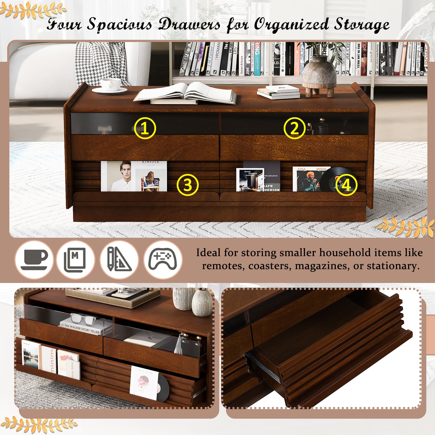 U-Can Modern Rectangle Coffee Table With 4 Drawers And 2 Display Shelves, 47.2  Wood Coffee Table With Fluted Style, Tempered Glass For Living Room