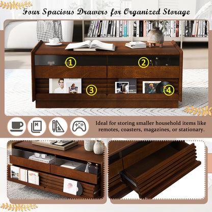 U-Can Modern Rectangle Coffee Table With 4 Drawers And 2 Display Shelves, 47.2  Wood Coffee Table With Fluted Style, Tempered Glass For Living Room