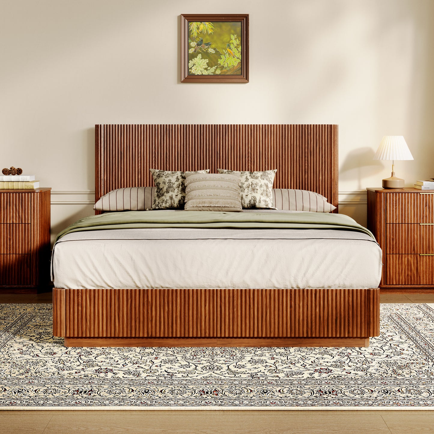 Queen Size Bed Frame With LED Lights, Modern Wooden Corrugated Curved Lines, Convex Groove Board Design, Walnut.