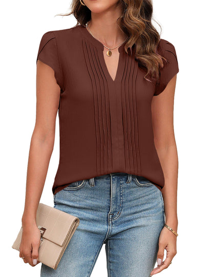 Beautiful Blouses For Ladies - Women's V-Neck Blouse with Pintuck Detail Short Petal Sleeve Business Top