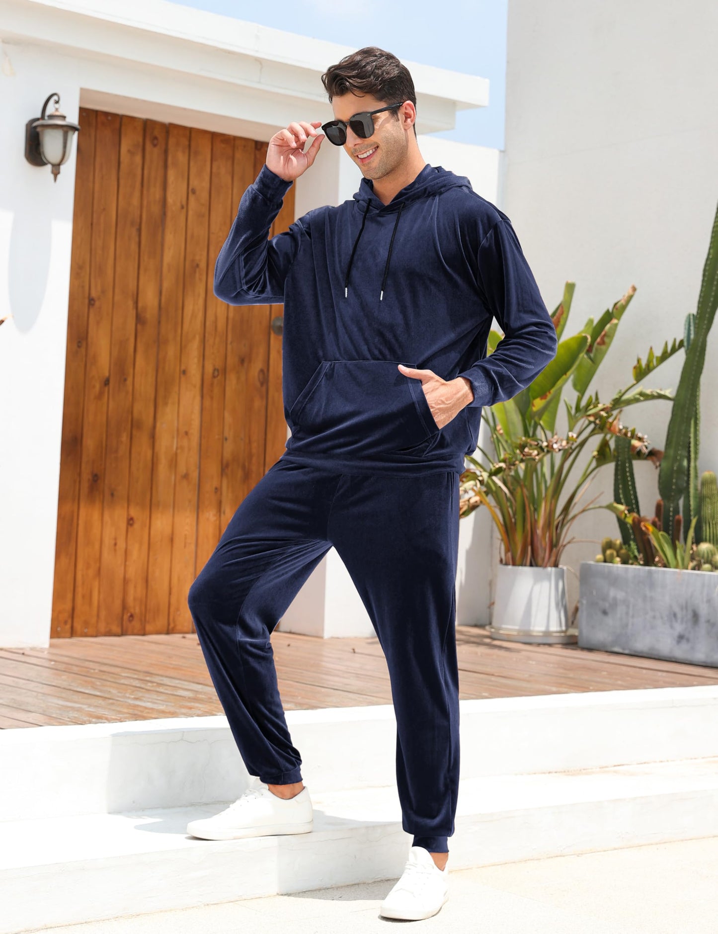 LecGee Velour Tracksuit Mens 2 Piece Velvet Hoodies Jacket Drawtsring Waistband Sweatpants Sweatsuits Set Casual Outfits