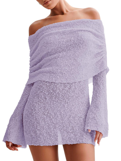 Women's Off Shoulder Beach Cover Up - Sheer Bell Sleeve Mini Dress for Swimwear