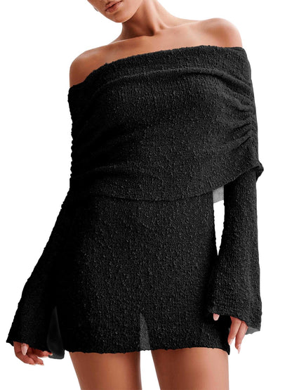 Women's Off Shoulder Beach Cover Up - Sheer Bell Sleeve Mini Dress for Swimwear