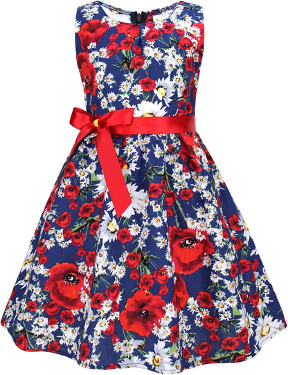 Girls Floral Cotton Dress - Sleeveless Summer Dress with Zipper Closure