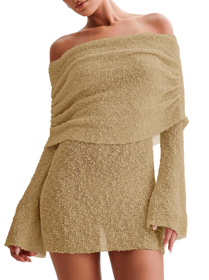 Women's Off Shoulder Beach Cover Up - Sheer Bell Sleeve Mini Dress for Swimwear