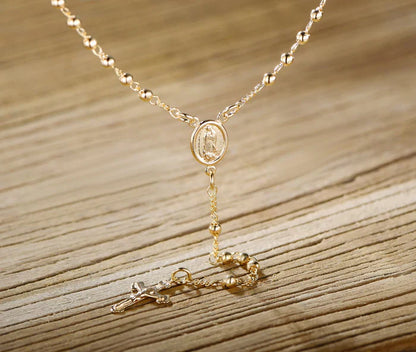 RMZ GOLD NYC Unisex 14K Gold Virgin Mary Rosary Bead Cross Necklace 18''