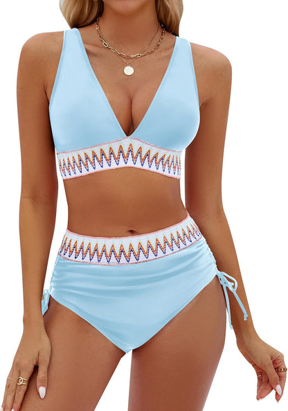 High Waisted Bikini Set - Tummy Control Color Block Two Piece Swimsuit with Drawstring
