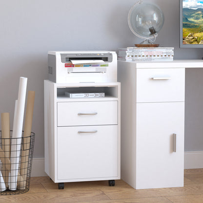 Mobile Storage Cabinet Organizer with Drawer and Cabinet, Printer Stand with Castors, White