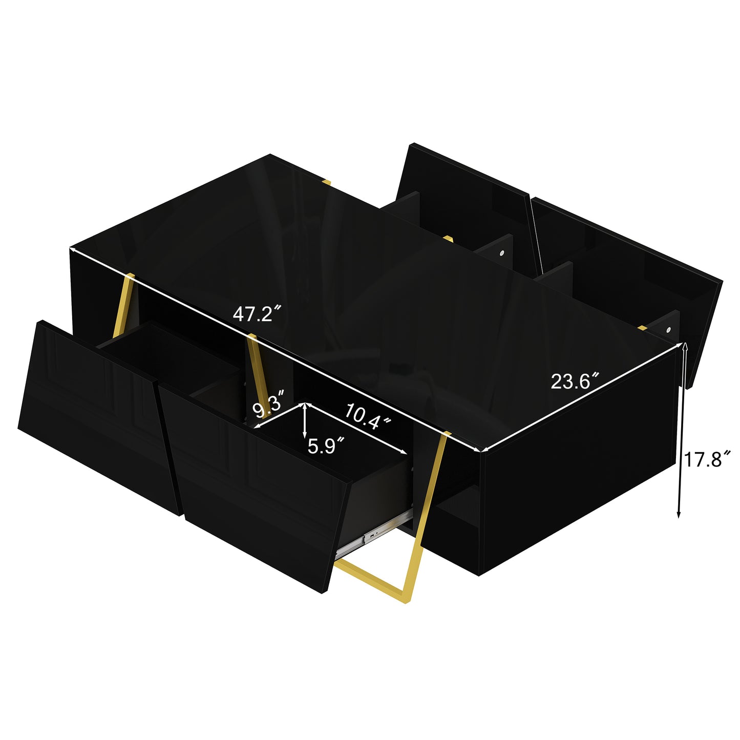 Modern Rectangular High Gloss Coffee Table For Living Room With Storage And Gold Base, 4 Drawers, Black, 47.2
