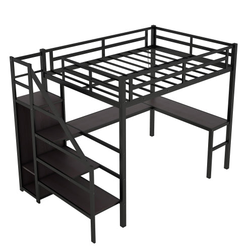Twin XL Size Loft Bed With L-shaped Desk And USB, Metal Loft Bed With Wardrobe And Adjustable Shelf, High Loft Bed With LED For Kids Teens Adults, Black