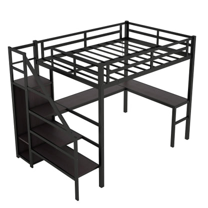 Twin XL Size Loft Bed With L-shaped Desk And USB, Metal Loft Bed With Wardrobe And Adjustable Shelf, High Loft Bed With LED For Kids Teens Adults, Black