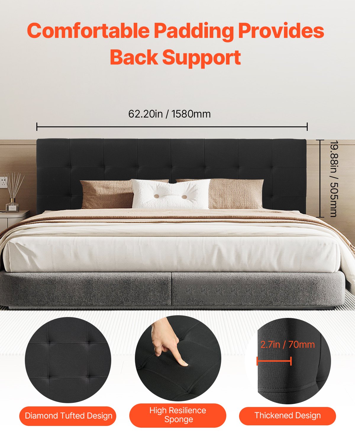Headboard, Queen Size Headboard With Adjustable Height, Comfortable Diamond Tufted For Queen Size Bed, W62.2 X H(42.72-54.53) X D2.76 In, Ideal For Bedroom, Hotel, Homestay, Dormitory, Black
