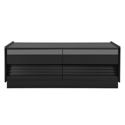 Modern Rectangle Coffee Table With 4 Drawers And 2 Display Shelves, Wood Coffee Table With Fluted Style, Tempered Glass For Living Room