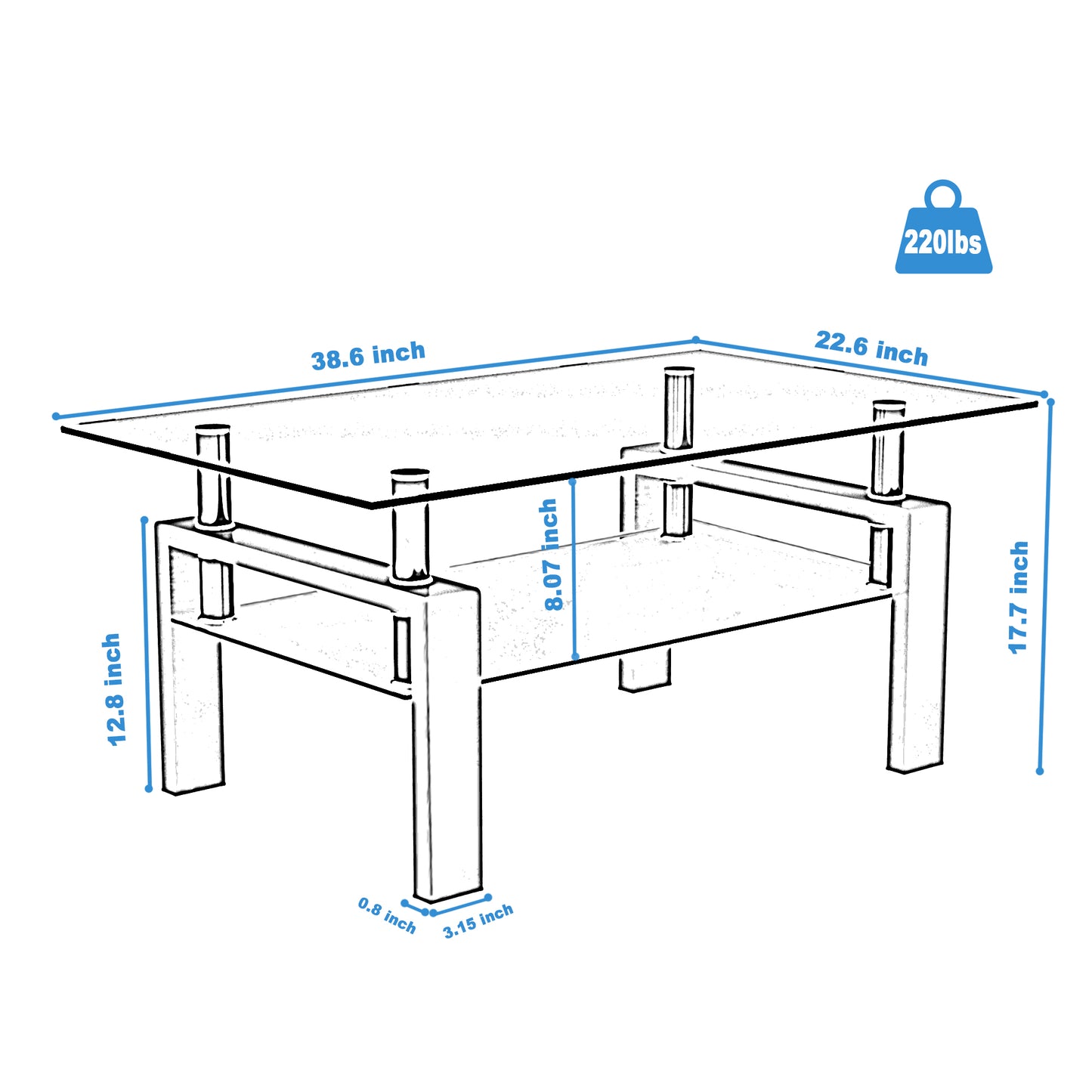 Rectangle Black Glass Coffee Table, Clear Coffee Table,Modern Side Center Tables For Living Room,Living Room Furniture