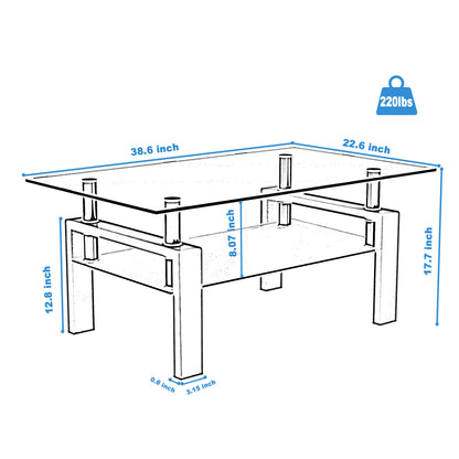 Rectangle Black Glass Coffee Table, Clear Coffee Table,Modern Side Center Tables For Living Room,Living Room Furniture