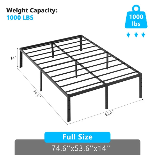 Black Full Size Simple Basic Platform Metal Bed Frame - 14 Inch Bed Height