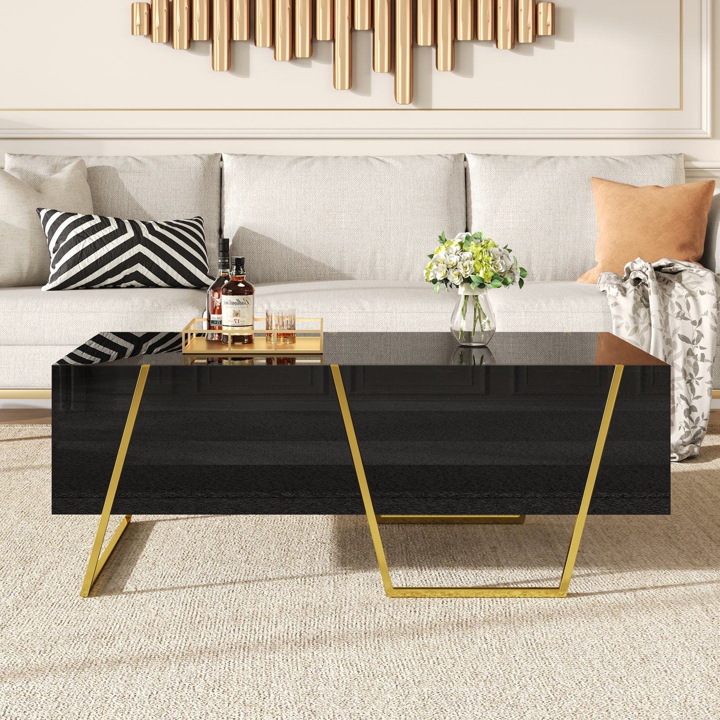 Modern Rectangular High Gloss Coffee Table For Living Room With Storage And Gold Base, 4 Drawers, Black, 47.2